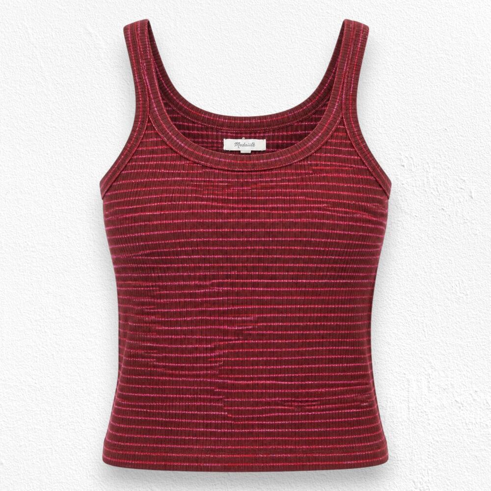 Madewell Rust Red Pink Stretch Scoop Neck Ribbed Striped Tank Top Size XL